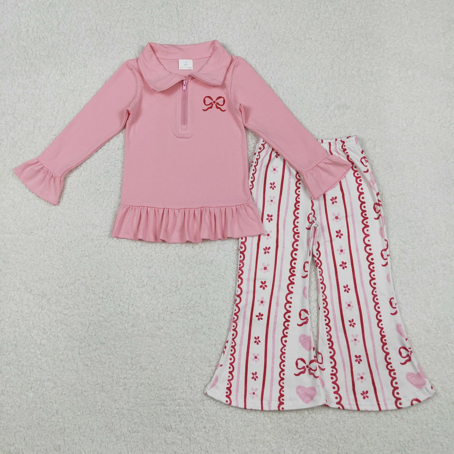 GLP2934 Top GT1270 & Pants P0894 Embroidered Valentine‘s Day Love Bows Pink Ruffle Zip up Collar Long Sleeve Bell Bottom Pants Girls Set 202511 RTS