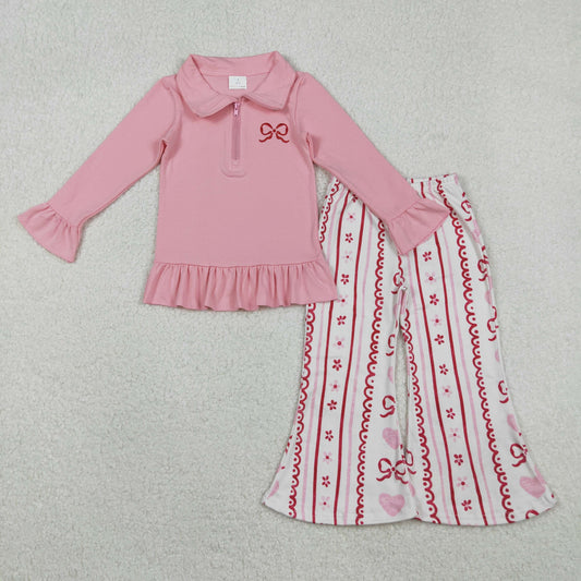 GLP2934 Top GT1270 & Pants P0894 Embroidered Valentine‘s Day Love Bows Pink Ruffle Zip up Collar Long Sleeve Bell Bottom Pants Girls Set 202511 RTS