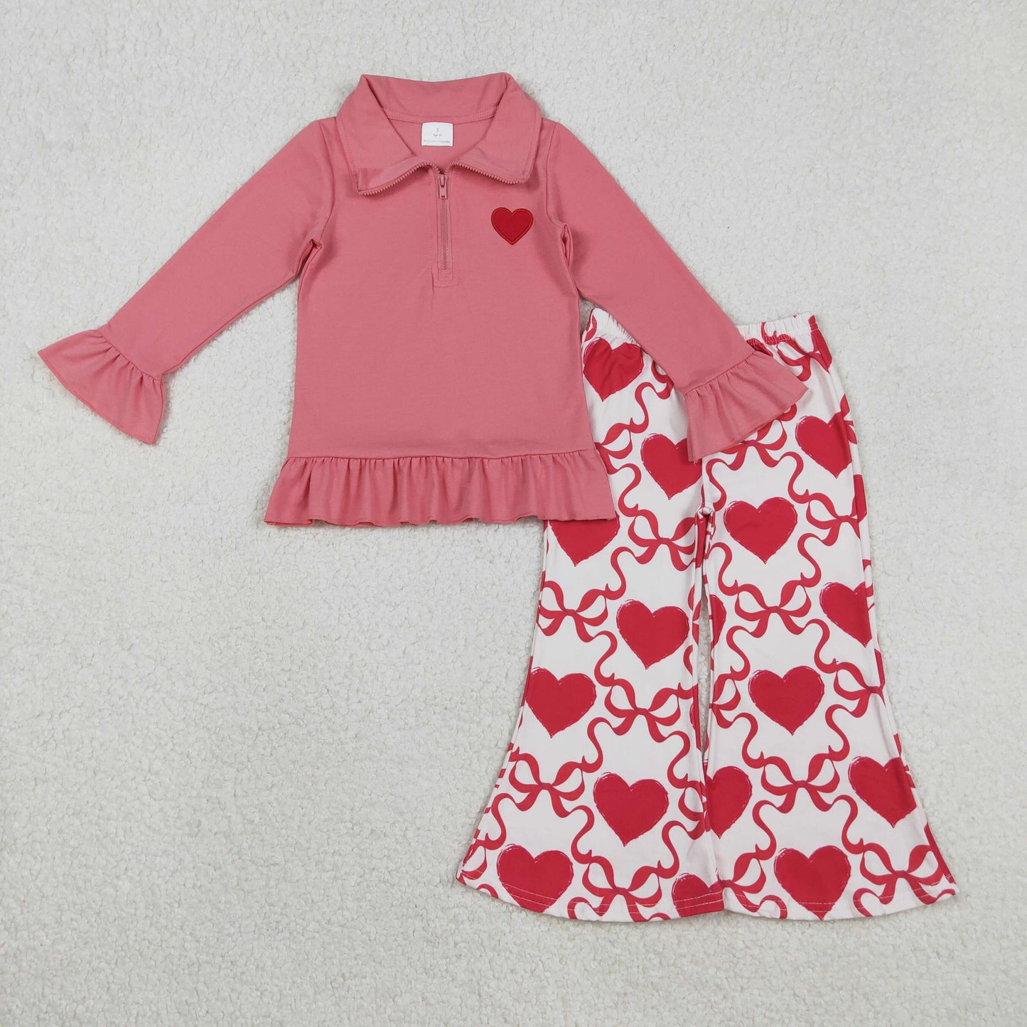 GLP2935 Top GT1271 & Pants P0895 Embroidered Valentine‘s Day Love Bows Pink Red Ruffle Zip up Collar Long Sleeve Bell Bottom Pants Girls Set 202511 RTS