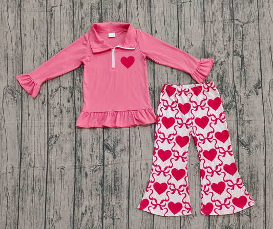 NO MOQ Preorder GLP2935 Top GT1271 & Pants P0895 Embroidered Valentine‘s Day Love Bows Pink Red Ruffle Zip up Collar Long Sleeve Bell Bottom Pants Girls Set 202510