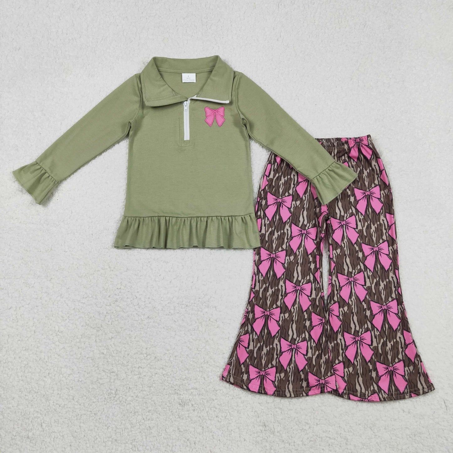GLP2936 Top GT1272 & Pants P0896 Embroidered Pink Bows Army Green Ruffle Zip up Collar Long Sleeve Camo Bell Bottom Pants Girls Set 202511 RTS