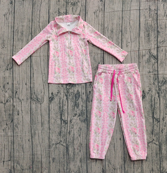 NO MOQ preorder GLP2940 Flower Pink Zip up Collar Long Sleeve Pants Girls Yoga Sets 202511