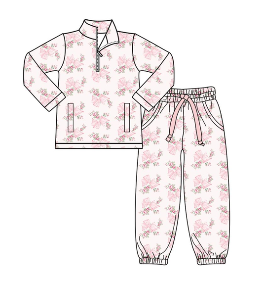 MOQ 8 preorder GLP2941 Flower Bows Light Pink Zip up Collar Long Sleeve Pants Girls Yoga Sets 202509