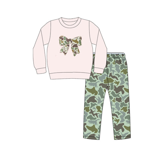 MOQ 8 Preorder GLP2945 Duck Hunting Camouflage Bow Pink Long Sleeve Pants Girls Set 202510
