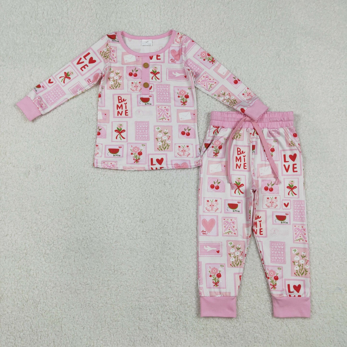 GLP2946 Valentine's Day Love Flower Plaid Pink Long Sleeve Pants Girls Set 202601 RTS