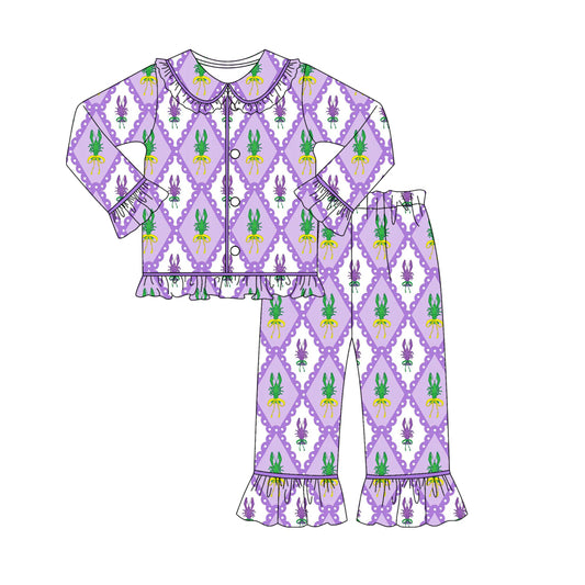 MOQ 8 Preorder GLP2947 Mardi Gras Doll Collar Ruffle Purple Button Long Sleeve Pants Girls Pajamas Set 202510