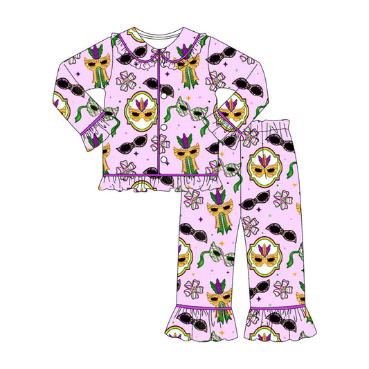 MOQ 8 Preorder GLP2949 Mardi Gras Mask Grass Doll Collar Purple Ruffle Button Long Sleeve Pants Girls Pajamas Set 202510