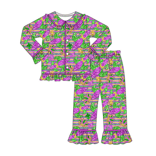 MOQ 8 Preorder GLP2950 Mardi Gras Mask Grass Stripe Doll Collar Purple Ruffle Button Long Sleeve Pants Girls Pajamas Set 202510