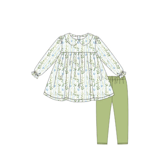 MOQ 8 Preorder GLP2952 Leaf Stripe Doll Collar Long Sleeve Green Pants Girls Set 202510