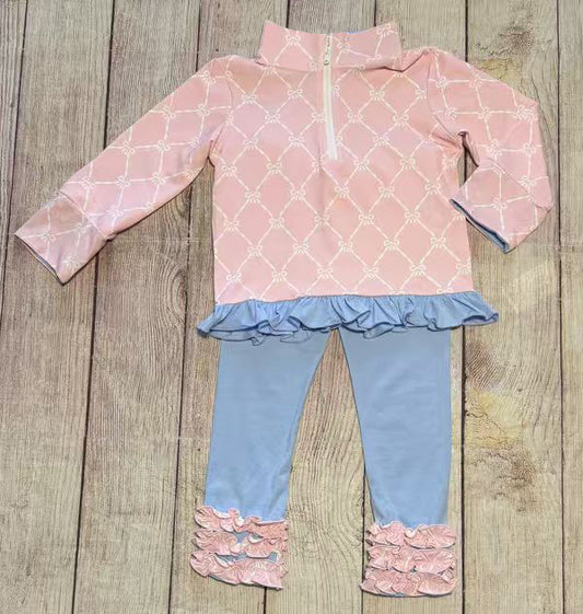 MOQ 8 Preorder GLP2954 Bows Zip Collar Blue Ruffle Pink Long Sleeve Pants Girls Set 202510