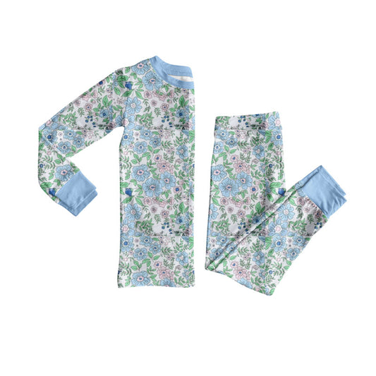 MOQ 8 Preorder GLP2955 Flower Leaf Blue Green Long Sleeve Pants Girls Pajamas Set 202510