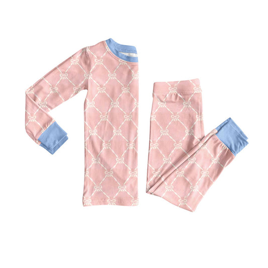 MOQ 8 Preorder GLP2956 Bows Plaid Pink Blue Long Sleeve Pants Girls Pajamas Set 202510