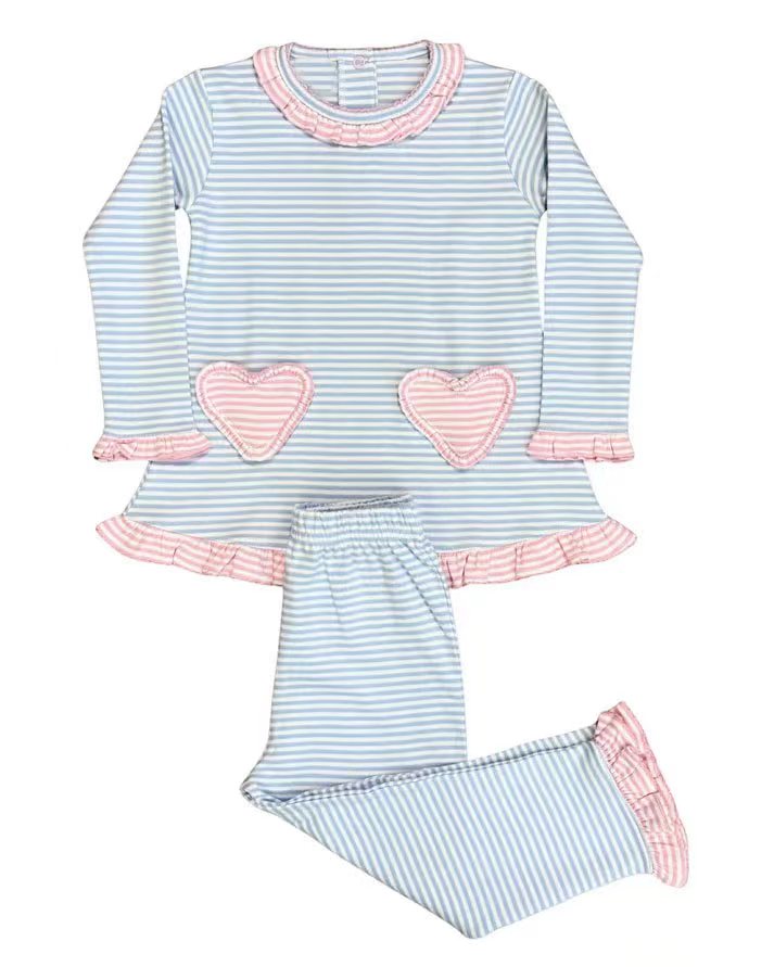 MOQ 8 Preorder GLP2958 Valentine's Day Love Pocket Pink Blue Stripe Long Sleeve Pants Girls Set 202510