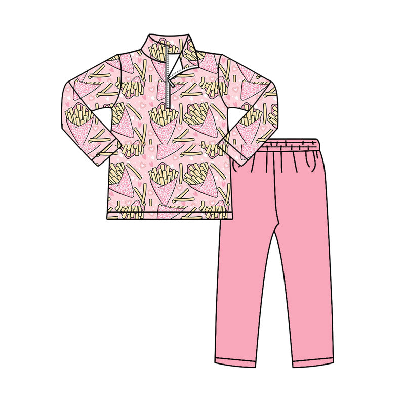 MOQ 8 Preorder GLP2959 Fries Pink Zip up Collar Long Sleeve Pants Girls Set 202510