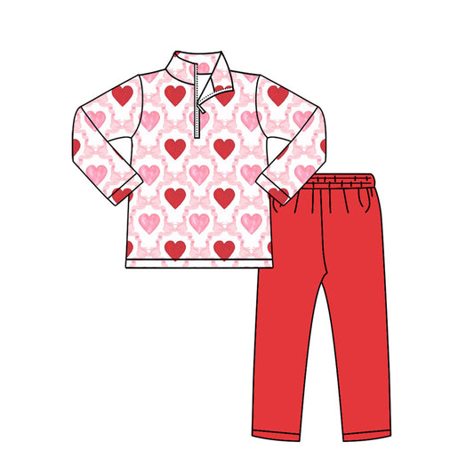 MOQ 8 Preorder GLP2960 Valentine‘s Day Bows Love Pink Zip up Collar Long Sleeve Red Pants Girls Set 202510
