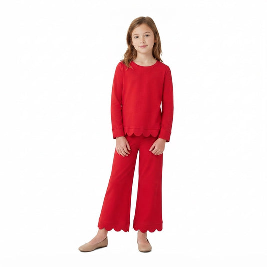 GLP2964 Solid Color Red Scallop Edge Cotton Girls Set