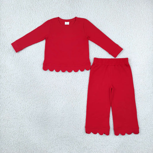 GLP2964 Solid Color Red Scallop Edge Cotton Girls Set