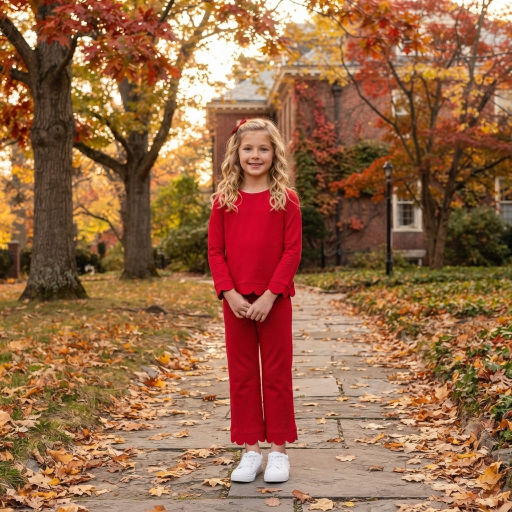 GLP2964 Solid Color Red Scallop Edge Cotton Girls Set