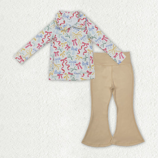 GLP2966  Colored Bows Zip Collar Long Sleeve Khaki Bell Bottom Pants Girls Yoga Sets 202510 RTS