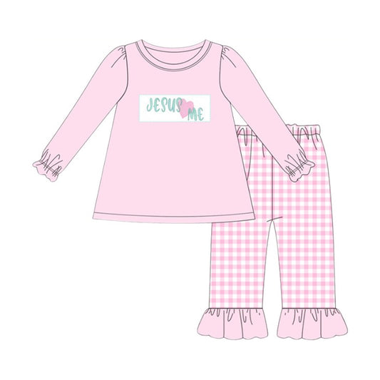 MOQ 8 Preorder GLP2973 Valentine’s Day Jesus Love Me Pink Long Sleeve Plaid Pants Girls Set 202510
