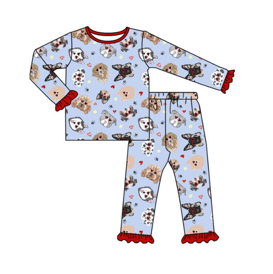 MOQ 5 Preorder GLP2982 Valentine's Day Love Puppy Red Ruffle Long Sleeve Pants Girls Pajamas Set 202510 Sibling
