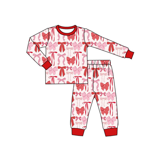 MOQ 5 Preorder GLP2983 Valentine's Day Bows Pattern Red Long Sleeve Pants Girls Pajamas Set 202510