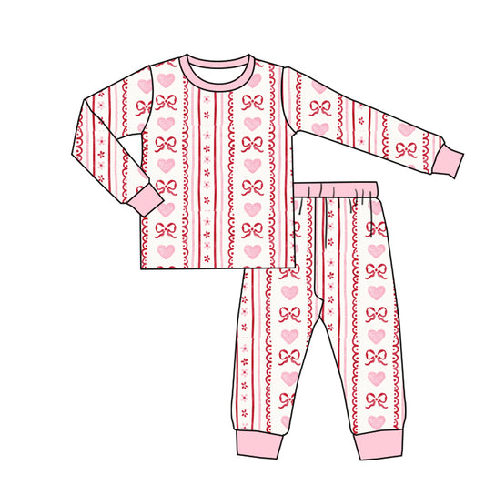 MOQ 5 Preorder GLP2984 Valentine's Day Love Bows Stripe Pattern Pink Long Sleeve Pants Girls Pajamas Set 202510