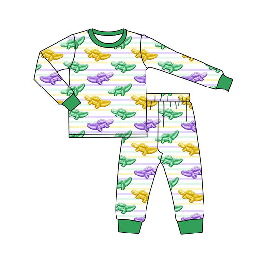 MOQ 5 Preorder GLP2985 Mardi Gras Crocodile Stripe Green Long Sleeve Pants Girls Pajama Set 202510