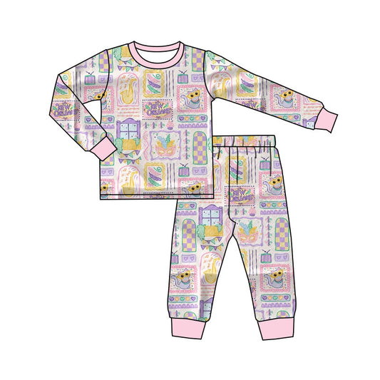 MOQ 5 Preorder GLP2986 Mardi Gras Masked Kitten Window Pink Purple Long Sleeve Pants Girls Pajama Set 202510