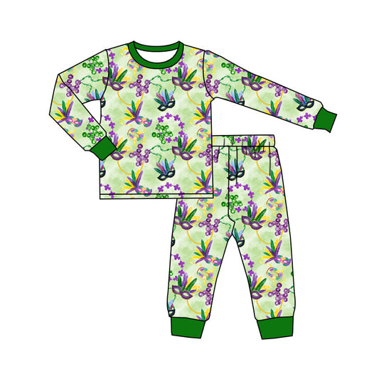 MOQ 5 Preorder GLP2987 Mardi Gras Feather Mask Green Long Sleeve Pants Girls Pajama Set 202510