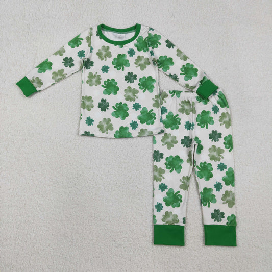 GLP2988 St. Patrick's Day Clover Green Long Sleeve Pants Girls Pajama Set 202511 RTS