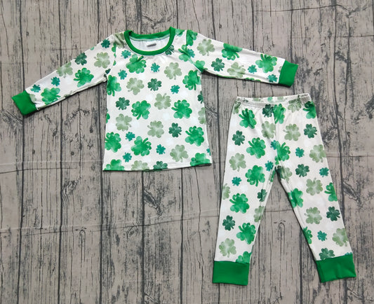 NO MOQ Preorder GLP2988 St. Patrick's Day Clover Green Long Sleeve Pants Girls Pajama Set 202511