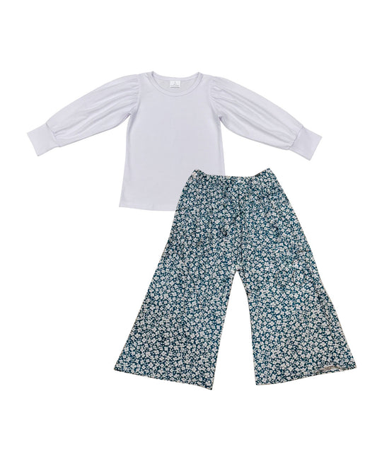 MOQ 5 Preorder GLP2990 Solid White Long Sleeve Floral Bell Bottom Pants Girls Set 202510