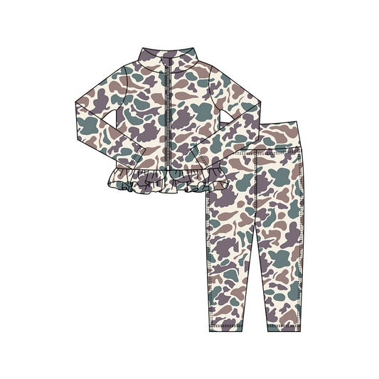 MOQ 5 preorder GLP2991 Purple Camouflage Ruffle Zipper Long Sleeve Pants Girls Yoga Sets 202510