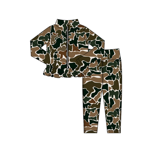 MOQ 5 preorder GLP2992 Brown Green Camouflage Ruffle Zipper Long Sleeve Pants Girls Yoga Sets 202510
