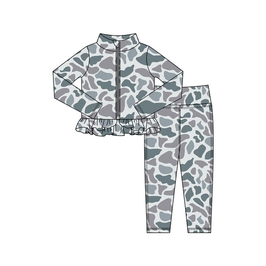 MOQ 5 preorder GLP2993 Gray Blue Camouflage Ruffle Zipper Long Sleeve Pants Girls Yoga Sets 202510
