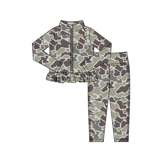 MOQ 5 preorder GLP2996 Gray Camouflage Ruffle Zipper Long Sleeve Pants Girls Yoga Sets 202510