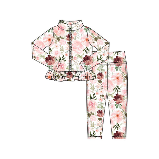 MOQ 5 preorder GLP2997 Orange Pink Flower Ruffle Zipper Long Sleeve Pants Girls Yoga Sets 202510