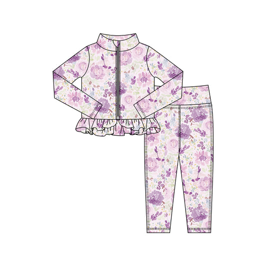 MOQ 5 preorder GLP2998 Purple Flower Ruffle Zipper Long Sleeve Pants Girls Yoga Sets 202510