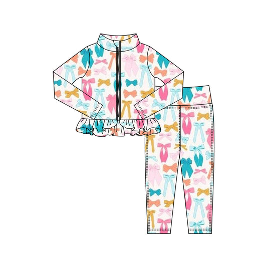 MOQ 5 preorder GLP3000 Colored Bows Ruffle Zipper Long Sleeve Pants Girls Yoga Sets 202510