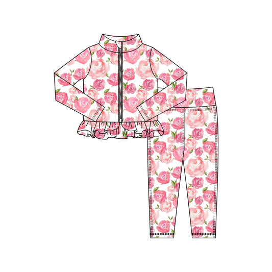 MOQ 5 preorder GLP3002 Rose Pink Flower Ruffle Zipper Long Sleeve Pants Girls Yoga Sets 202510