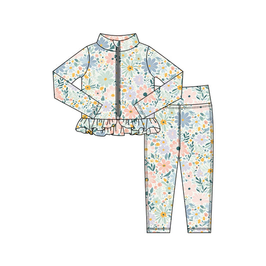 MOQ 5 preorder GLP3003 Flower Blue Green Ruffle Zipper Long Sleeve Pants Girls Yoga Sets 202510