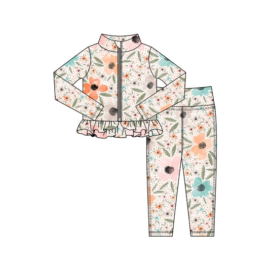 MOQ 5 preorder GLP3004 Flower Dots Ruffle Zipper Long Sleeve Pants Girls Yoga Sets 202510
