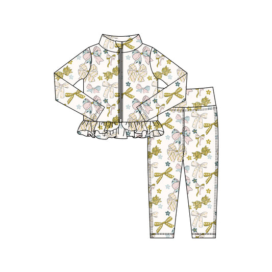 MOQ 5 preorder GLP3005 Flower Bows Ruffle Zipper Long Sleeve Pants Girls Yoga Sets 202510