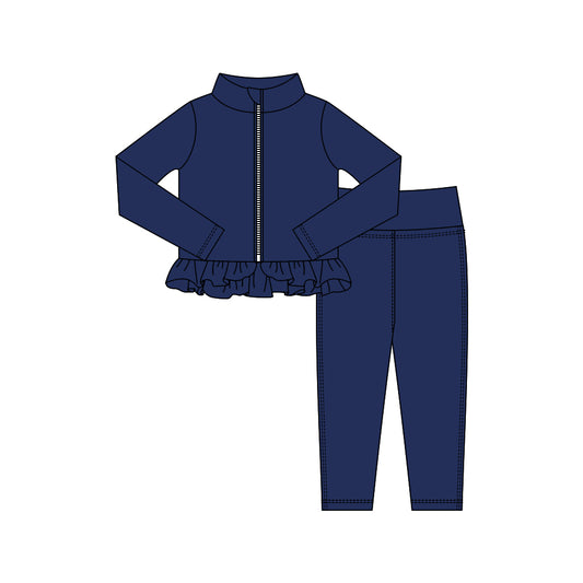 MOQ 5 preorder GLP3007 Solid Navy Blue Ruffle Zipper Long Sleeve Pants Girls Yoga Sets 202510