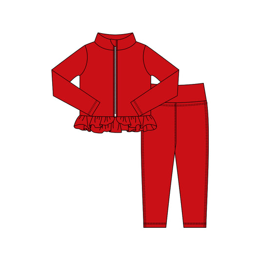 MOQ 5 preorder GLP3010 Solid Red Ruffle Zipper Long Sleeve Pants Girls Yoga Sets 202510