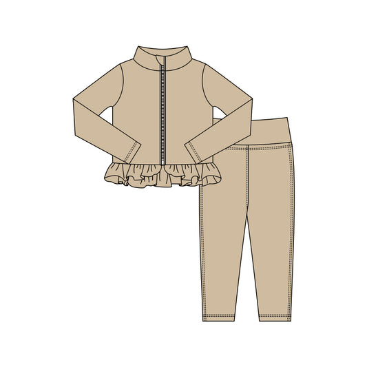 MOQ 5 preorder GLP3011 Solid Khaki Ruffle Zipper Long Sleeve Pants Girls Yoga Sets 202510
