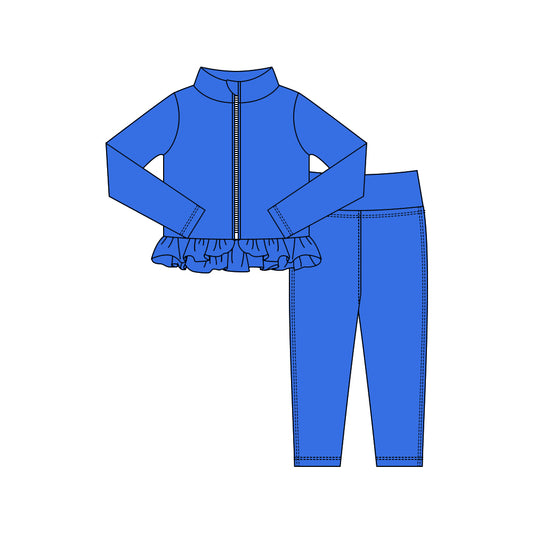 MOQ 5 preorder GLP3012 Solid Blue Ruffle Zipper Long Sleeve Pants Girls Yoga Sets 202510