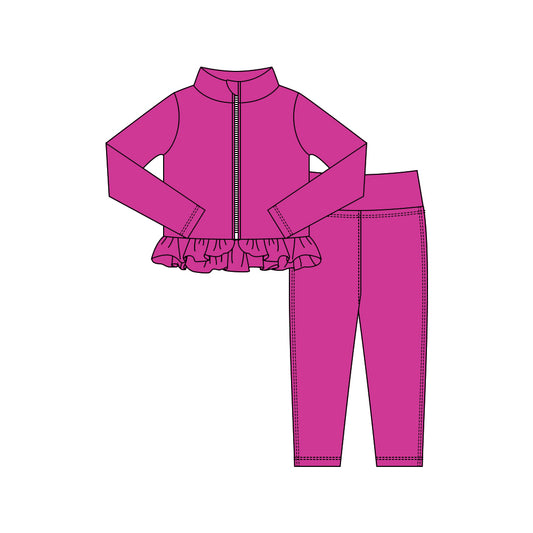 MOQ 5 preorder GLP3013 Solid Purple Red Ruffle Zipper Long Sleeve Pants Girls Yoga Sets 202510