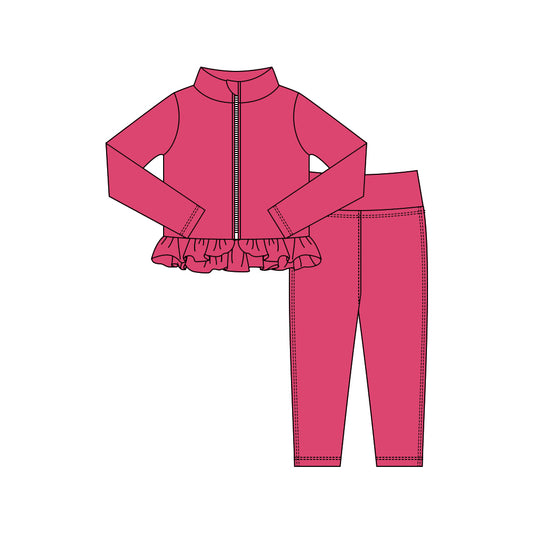 MOQ 5 preorder GLP3014 Solid Rose Red Ruffle Zipper Long Sleeve Pants Girls Yoga Sets 202510